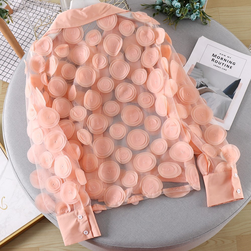 French palace style three-dimensional flower stage wear women's chiffon shirt hollow lantern sleeves foreign style mesh shirt for women_senzul.com