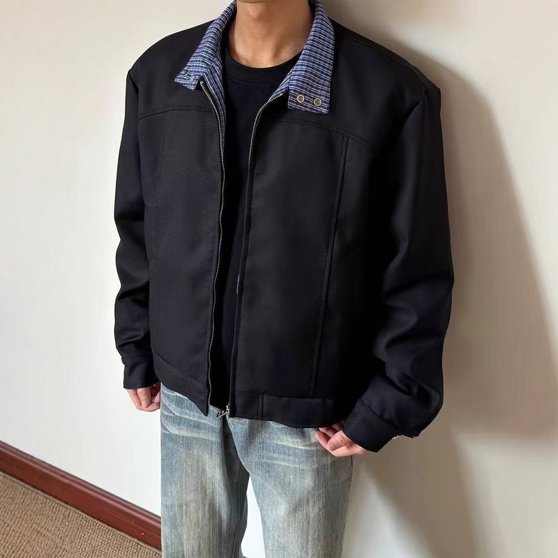 工装假两件夹克男士秋冬新款痞帅高级感潮男百搭格子拼接翻领外套|undefined