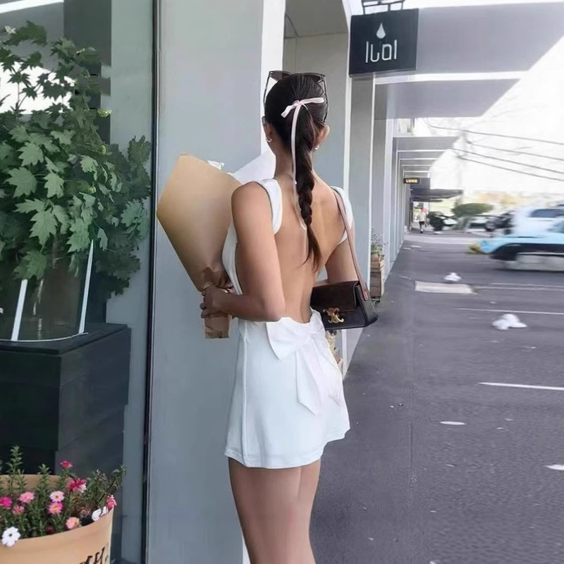 Satin Bow Sexy U-Shaped Large Backless Suspender Dress 2025 Summer Birthday Mini Dress