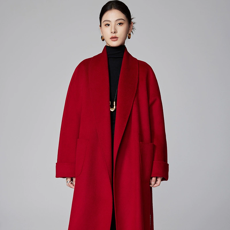 [Первоначально] Двустороннее кашемировое пальто женское длинное шнуровка 24 осенние и зимние арки ручной работы иглы высокого уровня чувство шерстяное пальто