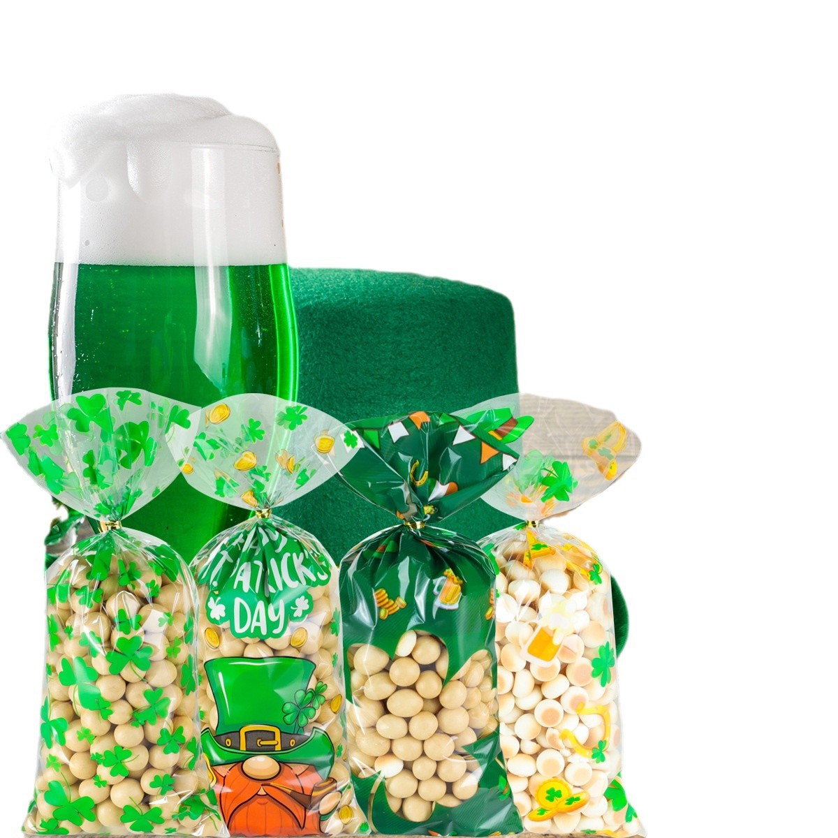 Bolsas de regalo del día de Irlanda Amazon nuevas bolsas de vinos de cuatro hojas monedas de oro de papel de vidrio dulces bolsas de alimentos