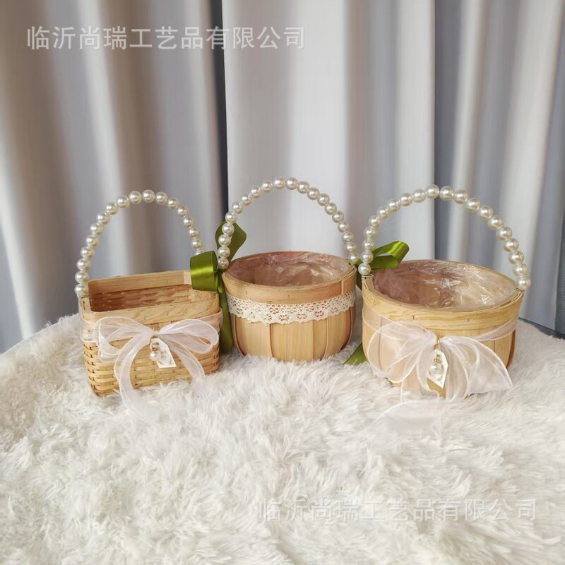 Flower Basket Mini Pearl Rattan Flower Basket Small Flower Basket Lace Mesh Forest Wood Chip Woven Flower Basket Salon Floral Basket