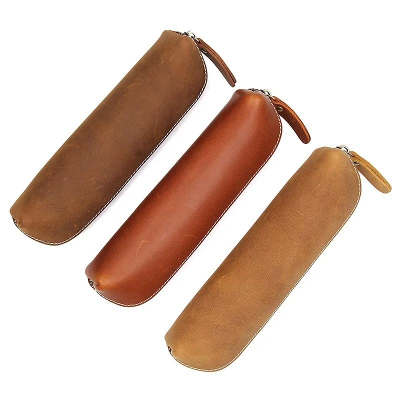 Amazon Crazy Horse Prima capa de piel de vaca bolsa de lápices hecha a mano retro japonés literario caja de lápices estilográficos papelería bolsa de almacenamiento con cremallera