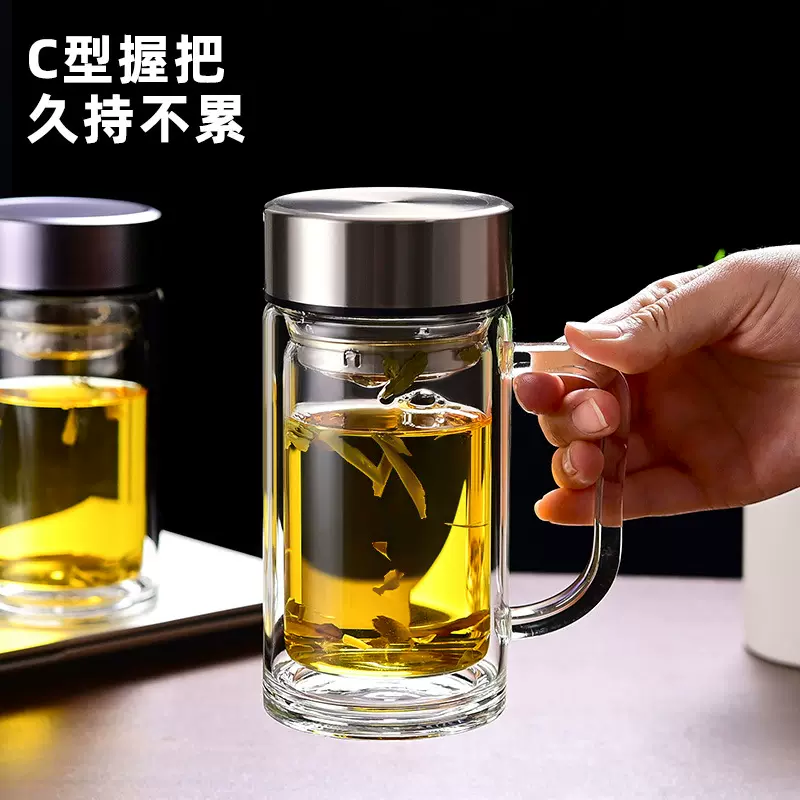 批发耐高温带手柄双层玻璃杯商务办公水杯定制logo印字广告礼品杯