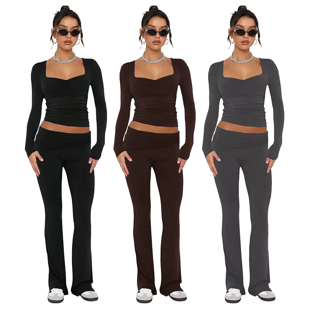 2024亚马逊秋冬新款 纯色时尚低领长袖性感低腰喇叭裤两件套现货