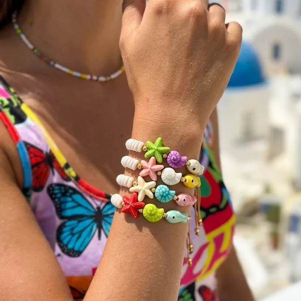 Cross-border bestseller: Bohemian resort-style ceramic fish and starfish woven adjustable bracelet DIY bracelet for women