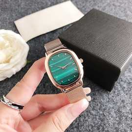手表厂电子表女表方形小绿表绿松石钢带创意genevawatch腕表