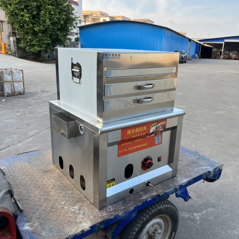Longjingding modelo de coche de tres ruedas máquina de salchichas de gas vapor comercial multifuncional horno de salchichas de vapor de desayuno cabina completa