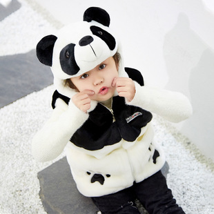 Source factory panda waistcoat hooded cartoon cute plush spring autumn winter fleece-lined long sleeve black and white parent coat