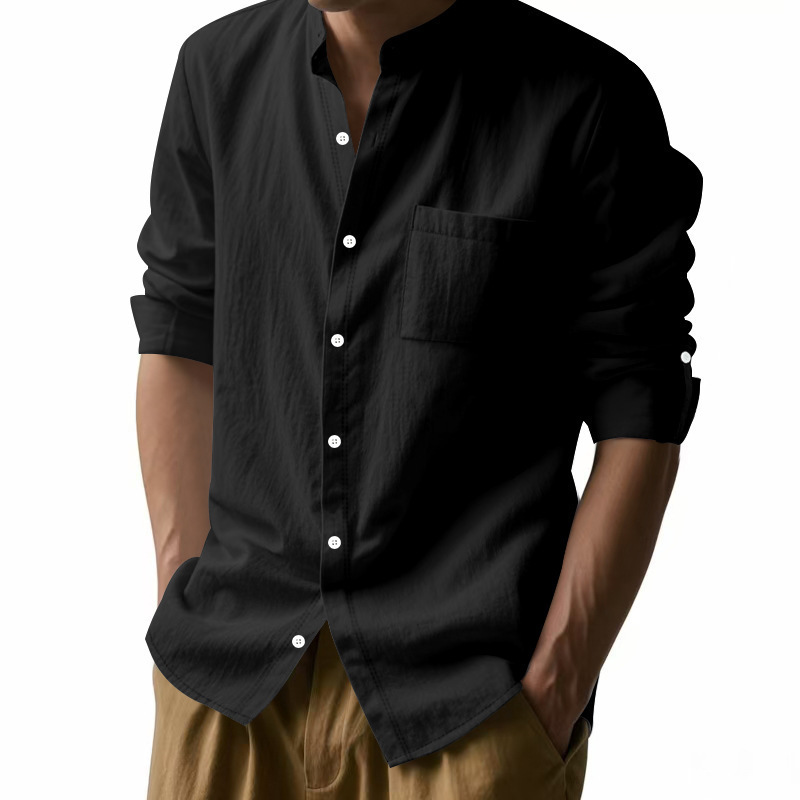 Herren-Leinenhemd mit langen Ärmeln – Atmungsaktiver Stehkragen, minimalistisches Taschendesign und knitterarm für smarte Freizeitkleidung (S-XXXL, 6 Farben)_voghion.com