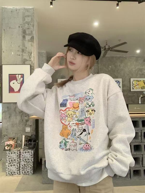 甜妹可爱印花圆领卫衣女美拉德花灰色宽松上衣潮流ins|undefined