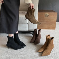 细跟绒面尖头短靴女2025秋冬新款韩版女靴子袜靴套筒弹力靴瘦瘦靴