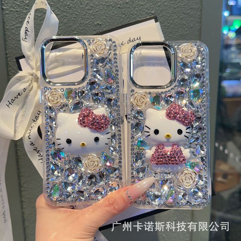 Beautiful Water Drop Diamond Heart Hello Kitty Suitable for Apple 17Promax Phone Case Luxury Rhinestone Apple 16 Cartoon