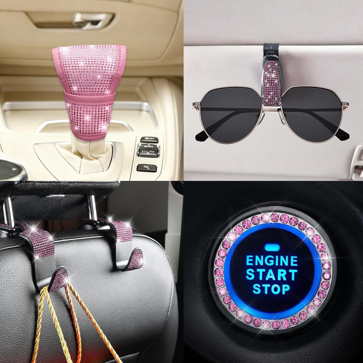 11-Piece Car Interior Set with Diamond-Encrusted Steering Wheel Cover, Car Hook, Glasses Holder, One-Touch Start Ring