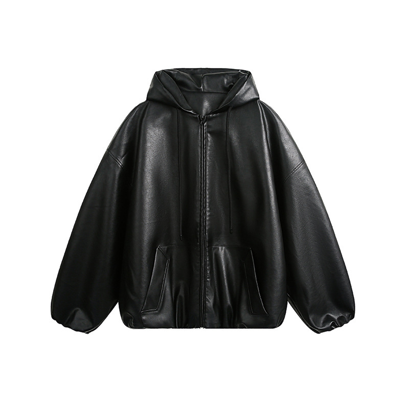 Aurocean Short Wide Silhouette Hooded Leather Jacket, Delicate and Slightly Glossy Eco-Friendly Pu Windbreaker