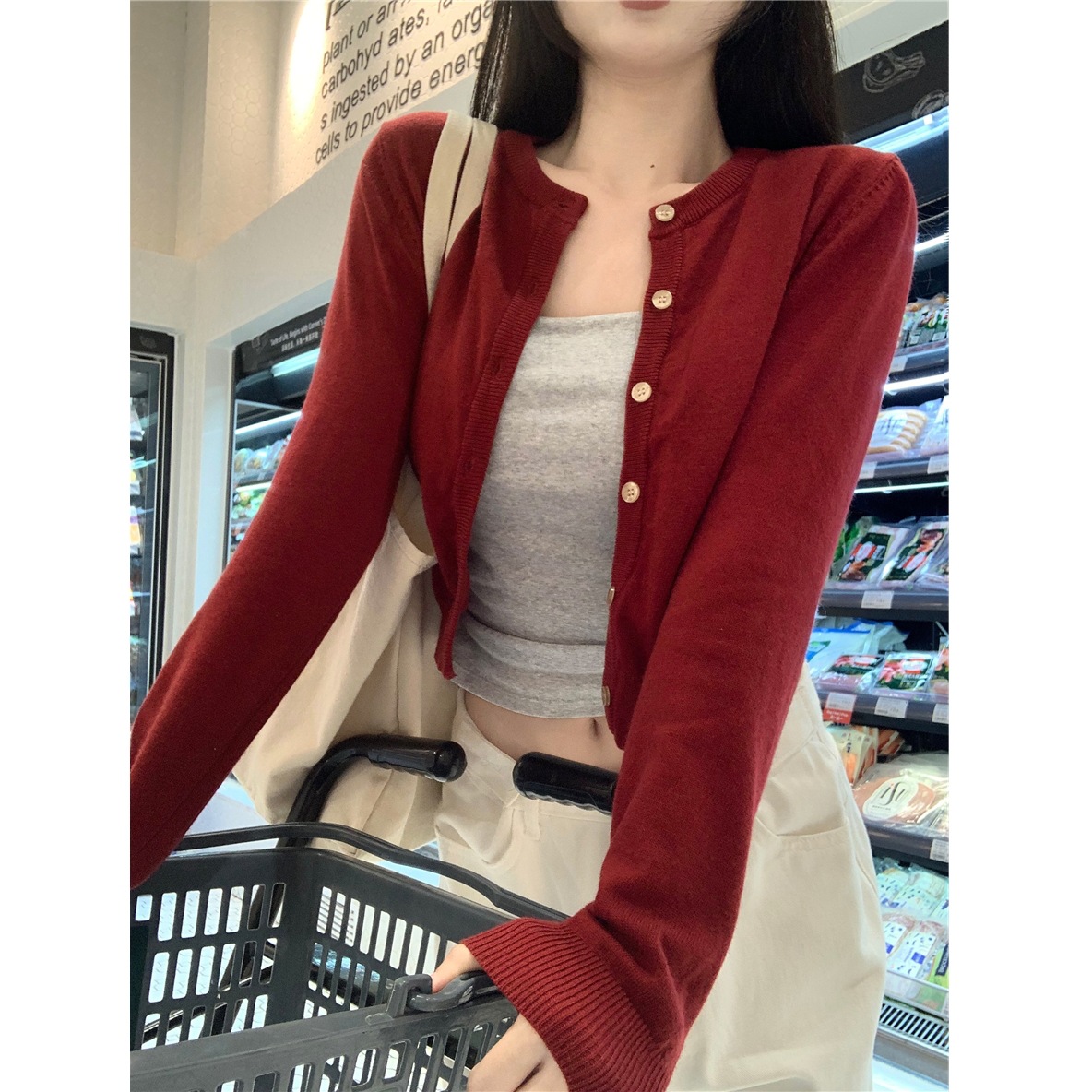 Red Cardigan Women's Autum Knitwear Jacket Petite Slimming Look Black Knitwear with Short Top