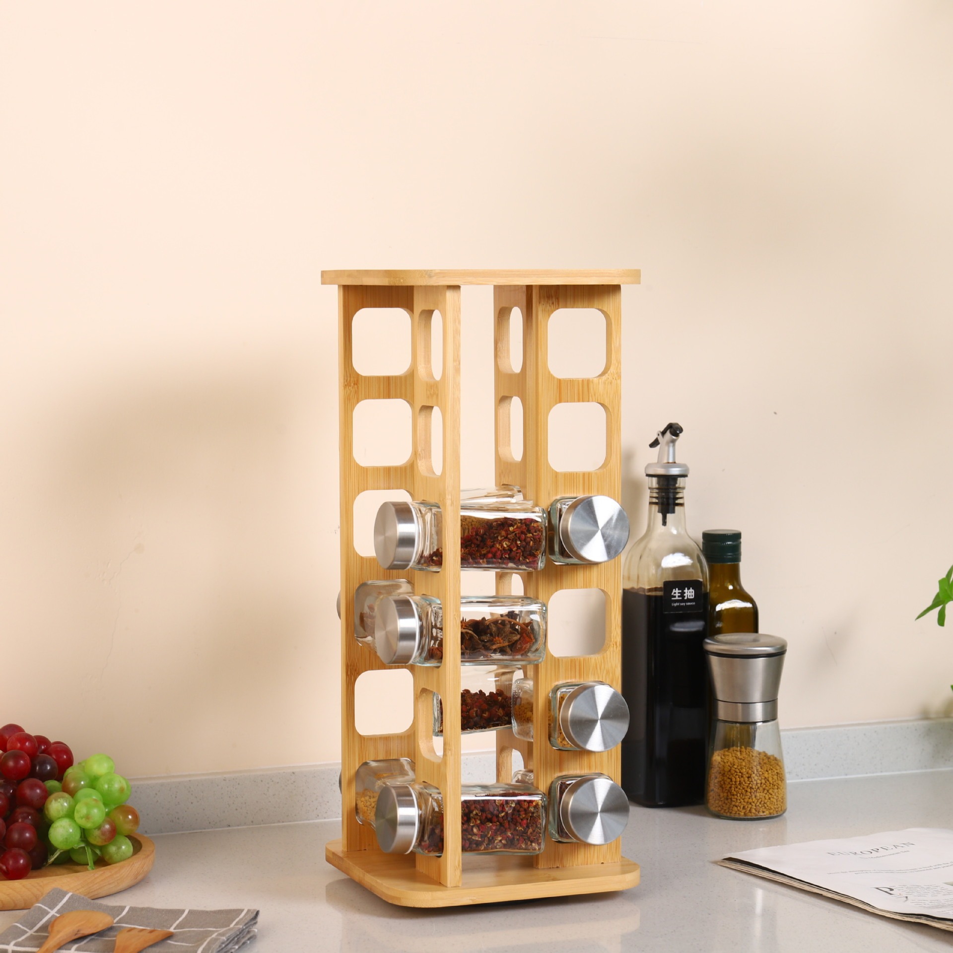 Rack de condimento de madera cuadrada para cocina doméstica condimento giratorio condimento de botella de condimento de gran capacidad multi-especificación