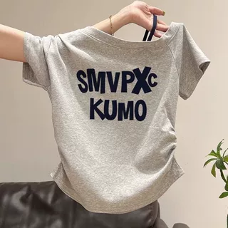 灰色字母印花收腰褶皱短袖t恤女夏季斜肩吊带高级感上衣