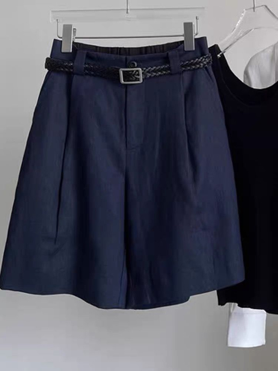 Quần short nữ cạp cao vải lanh cotton mùa hè dáng rộng thoải mái — màu xanh navy chi tiết 3