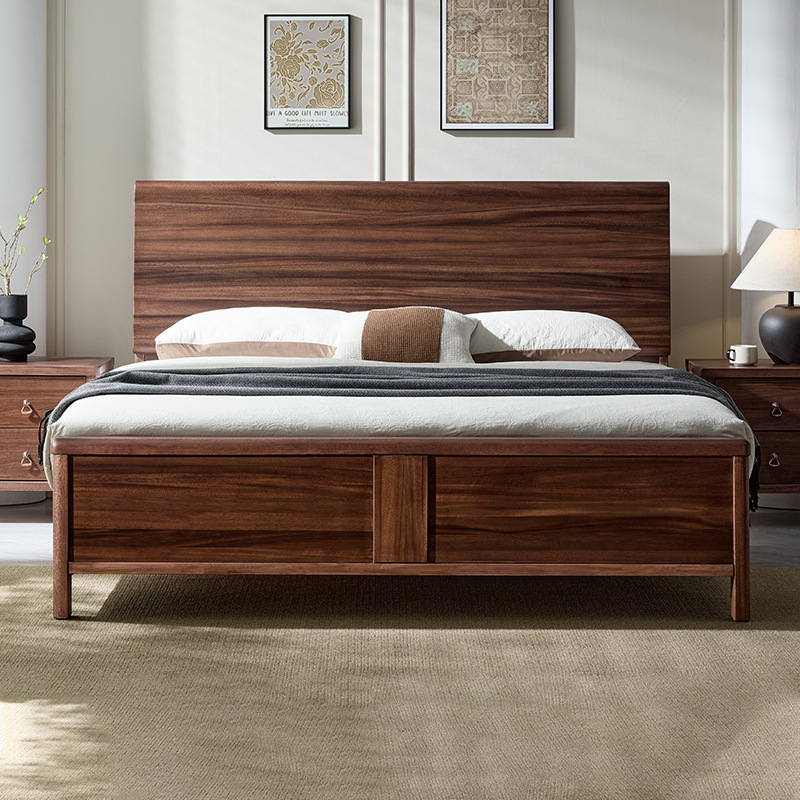 North American Black Walnut Solid Wood Bed with Mortise and Tenon Simple Master Bedroom Large Bed Silent Double Full Solid Wood Thickened Bed Board