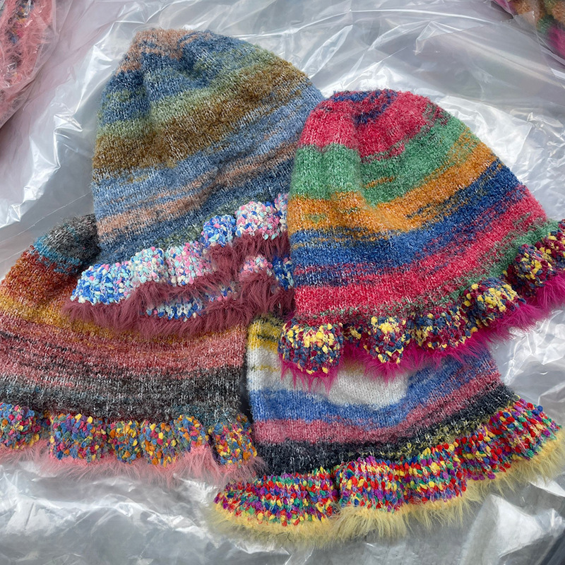 대외 무역 국경 간 무지개 줄무늬 유화 니트 양모 모자 여성의 가을과 겨울 따뜻한 러플 어부 모자 분지 모자