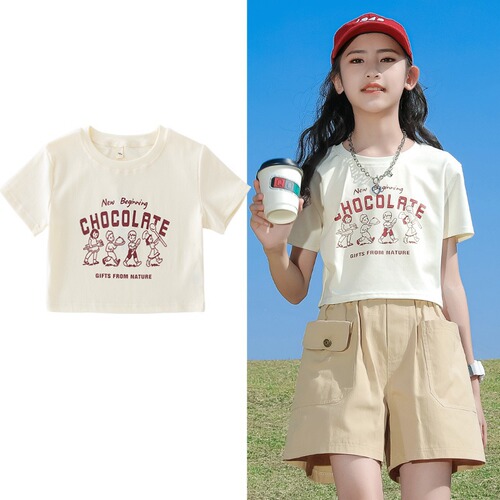 Girls' Short Sleeve Short-Sleeve Summer Printed Korean Style Fashion Children's Half-Sleeve T-Shirt for Girls T
