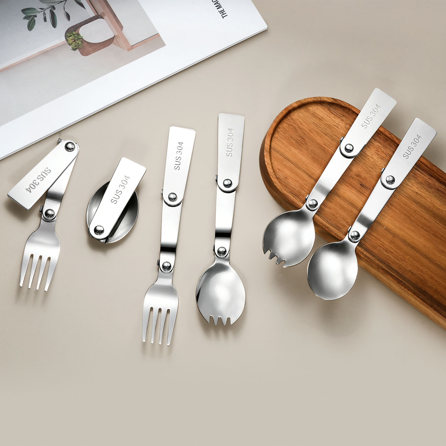 Cuchara y Tenedor Plegable Portátil 304 de Acero Inoxidable 304 para Campamento al Aire Libre
