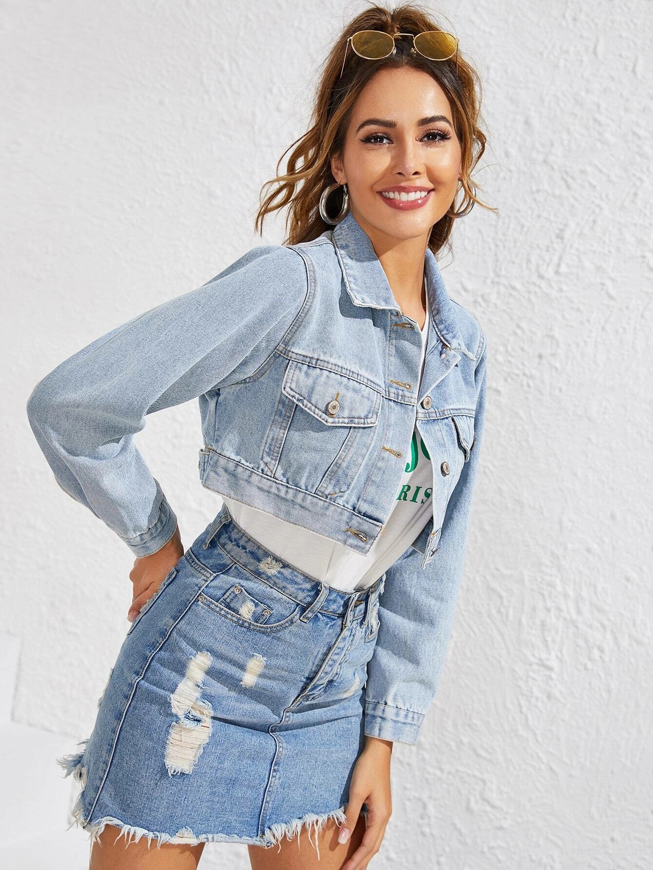 Europos ir Amerikos moterų mados atvartas itin trumpas džinsinis švarkas, moteriškas_voghion.com