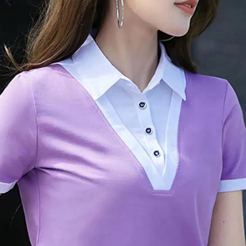 假两件扣子拼接POLO领t恤女2026夏季新款修身洋气冰丝短袖针织衫