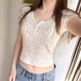 BM风 美式复古zelly top镂空三粒扣修身短袖T恤女bm风上衣