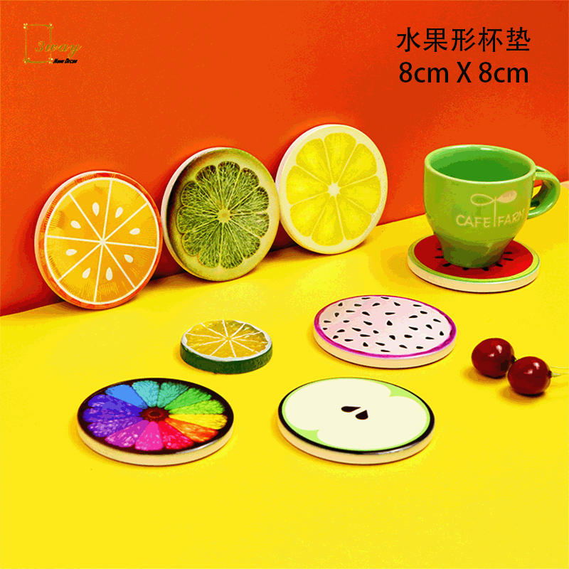 跨境创意精致水果形杯垫 家用摆饰陶瓷桌垫 保温吸水软木餐桌垫