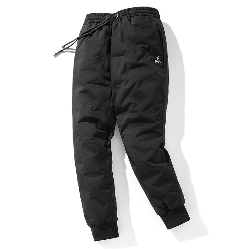 Thickened, warm, windproof, and cold-resistant men's down-filled trousers with letter print design and slanted pockets.