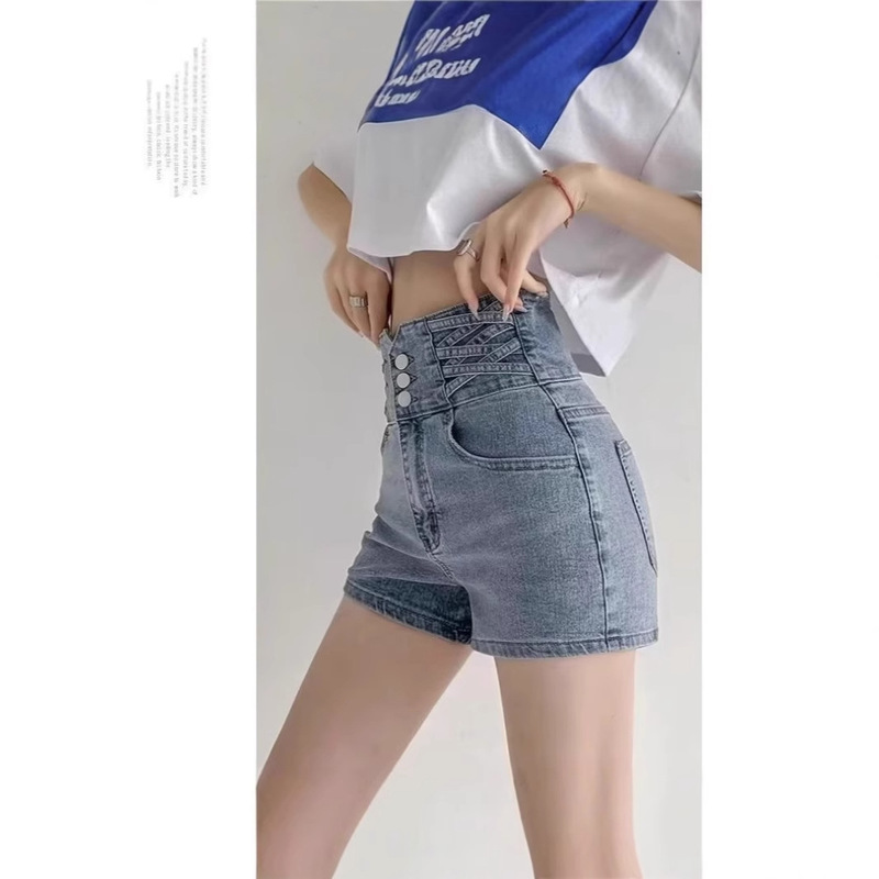Summer Black Breasted Waist Belly Denim Shorts Women's Straight Style Wide Leg Hot Girl Pants
