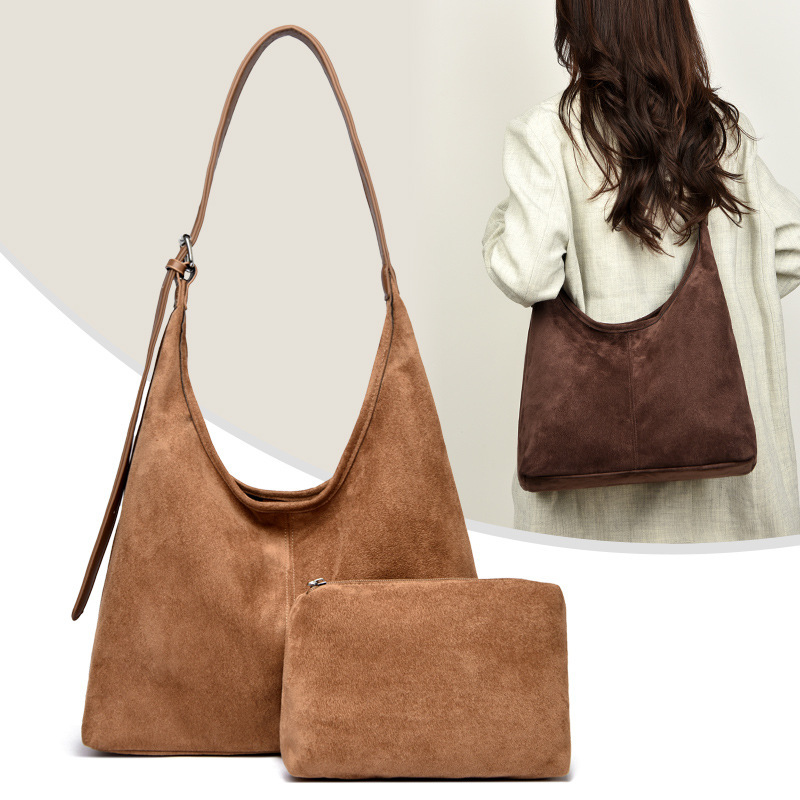 Korean-style commuter suede shoulder bag with a small inner bag, 2026 new model, simple large-capacity tote bag, versatile shoulder bag