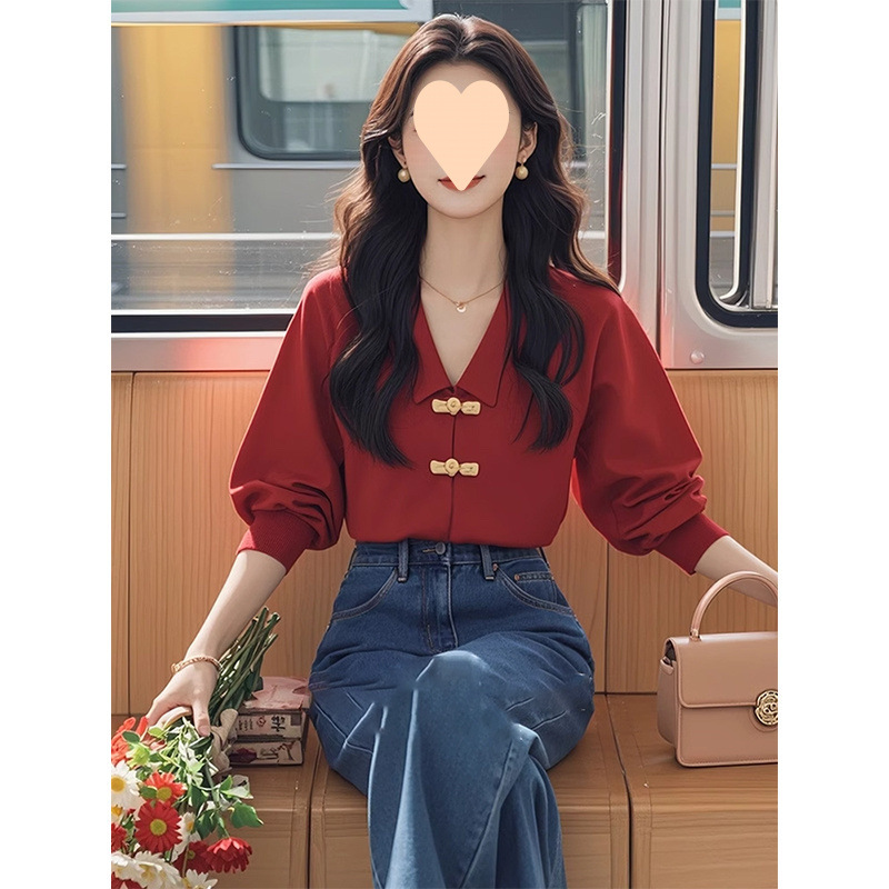 새로운 중국 스타일 국가 스타일 버클 레드 긴 소매 셔츠 프라이드 스트리트 슬림 가을 틈새 아름다운 독특한 탑