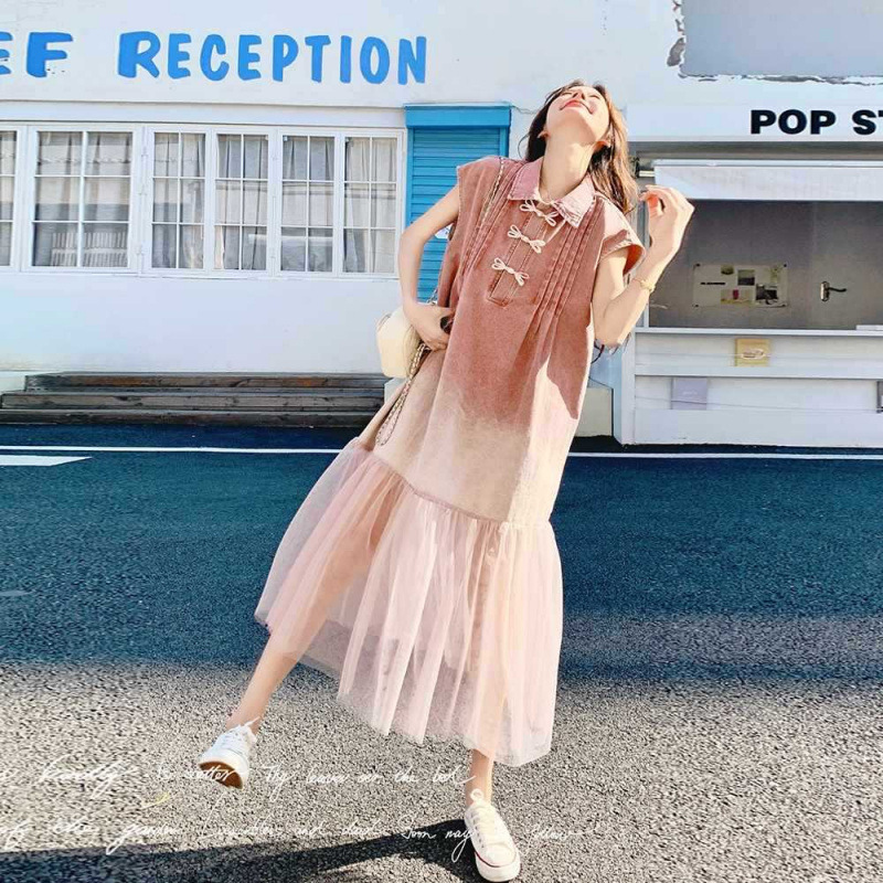 Real Shot Fairy Gradient Pink Denim Stitching Mesh dress Women's Xia Xin Chinese Sleeveless Buckle Shirt Long Dress