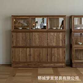 新中式老榆木带玻璃多层茶具古董展示柜家用客厅餐边柜书房整理柜