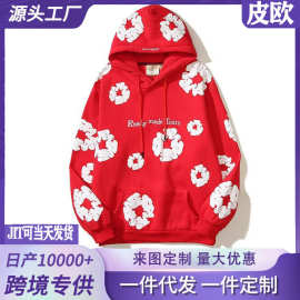 跨境纯色外套vintage立体发泡木棉花印花涂鸦 男女刺绣帽衫卫衣潮