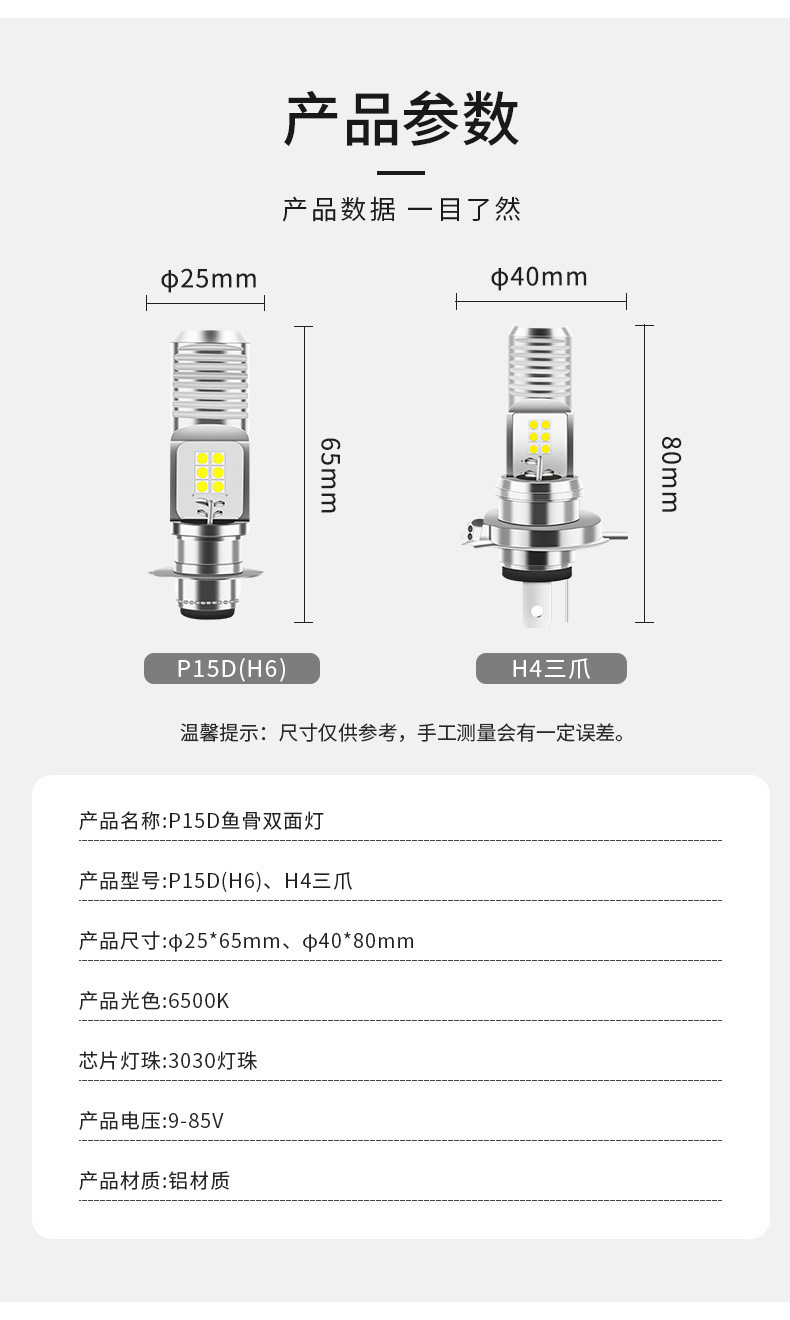 Cross-Border Motorcycle Headlight H4 Three-Claw H6 High and Low Beam Integrated Modified Fishbone Double-Sided 6-Bead Spotlight Bulb Strong Light