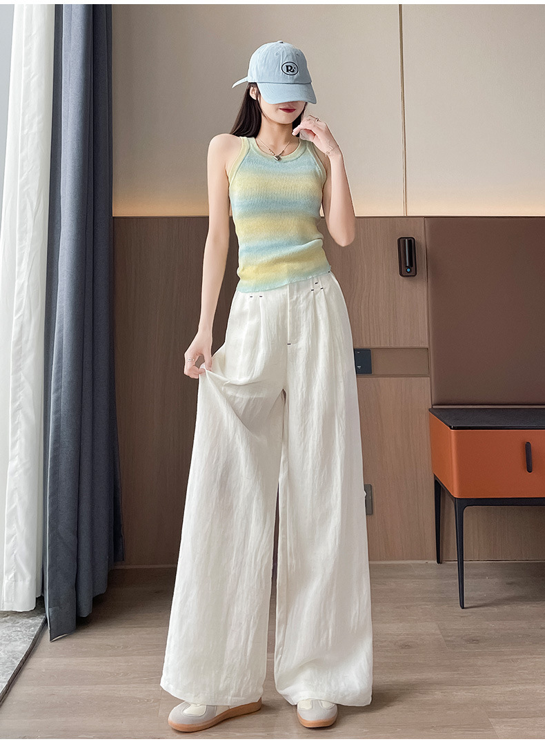 Quần ống rộng vải lụa băng đa năng nữ, phong cách sang trọng mỏng nhẹ mùa hè, quần ống đứng vải lanh Tencel — Màu xanh hải quân (kiểu thông thường) chi tiết 35
