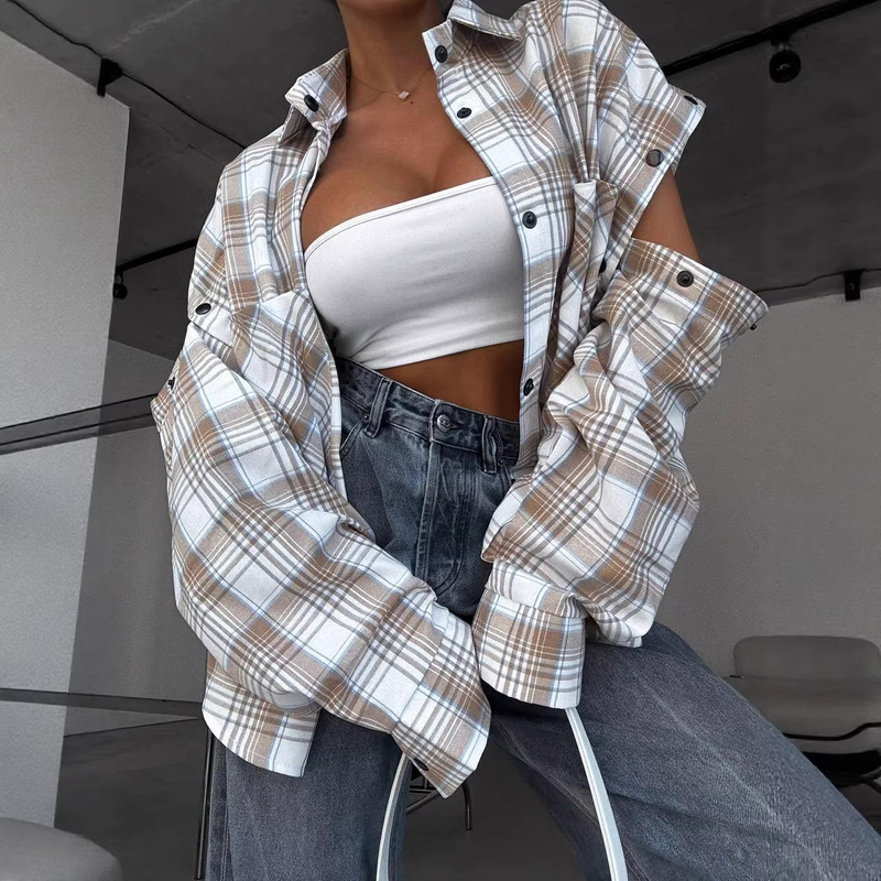 Cross-Border 2026 Spring American-Style Plaid Detachable Long and Short Sleeve Large Pocket Top with Retro Fashion Plaid Look