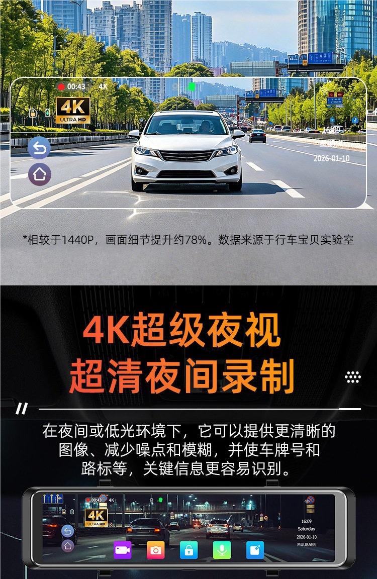 Front and Rear 4K Electronic Rearview Mirrors, In-Car Streaming Media Driving Recorder, Reversing Image, Blind Spot, Carplay Navigation