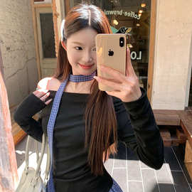 5101# 满天星 已出货 德绒带围巾 拼接露肩T恤女秋季小众辣妹修身