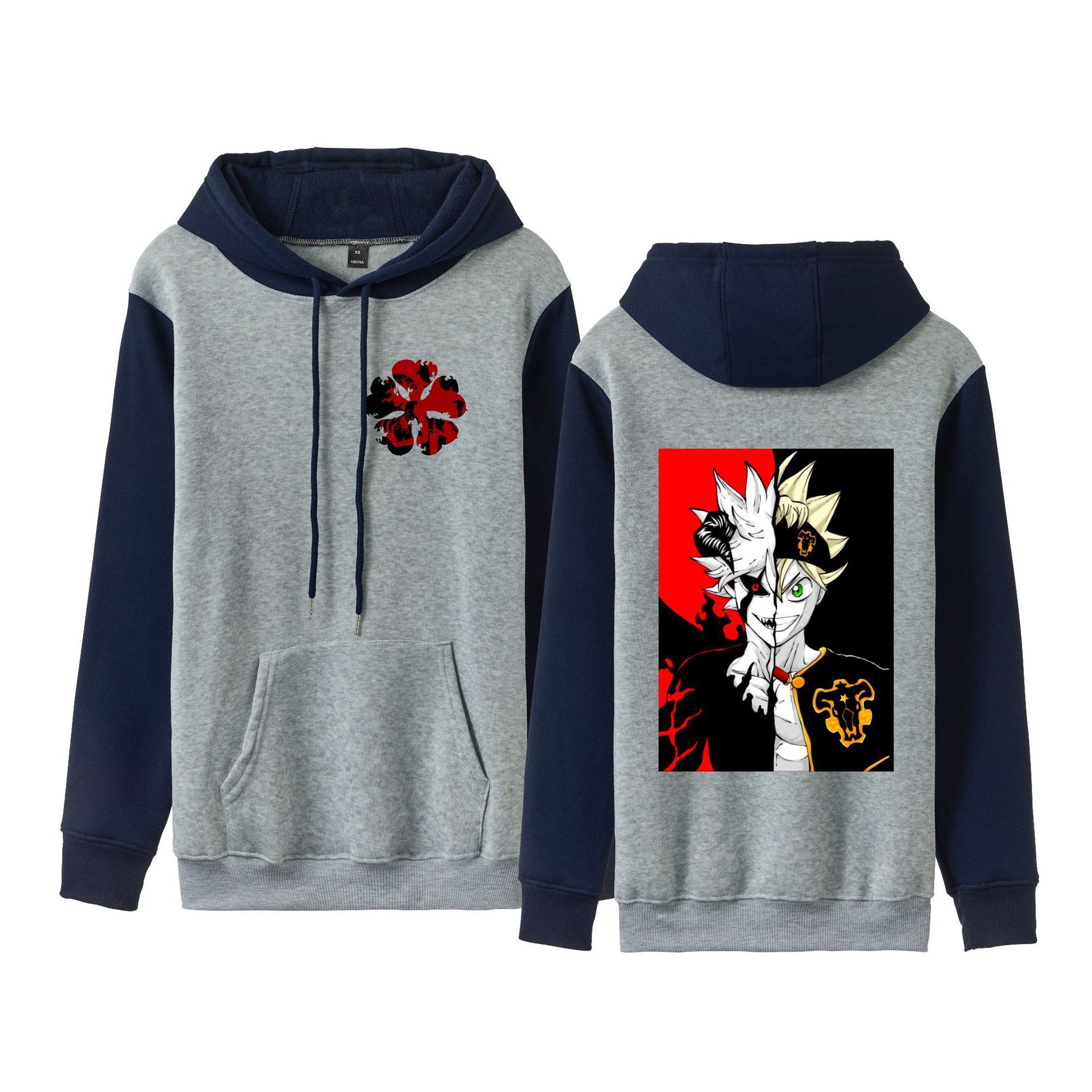 Trébol de cuatro hojas negro Black Clover suéter de pareja de talla grande para hombres y mujeres sudadera con capucha de contraste con capucha