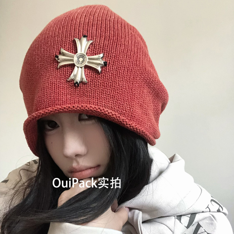 韩系复古十字架堆堆冷帽女秋冬新大头围显脸小针织包头帽|undefined