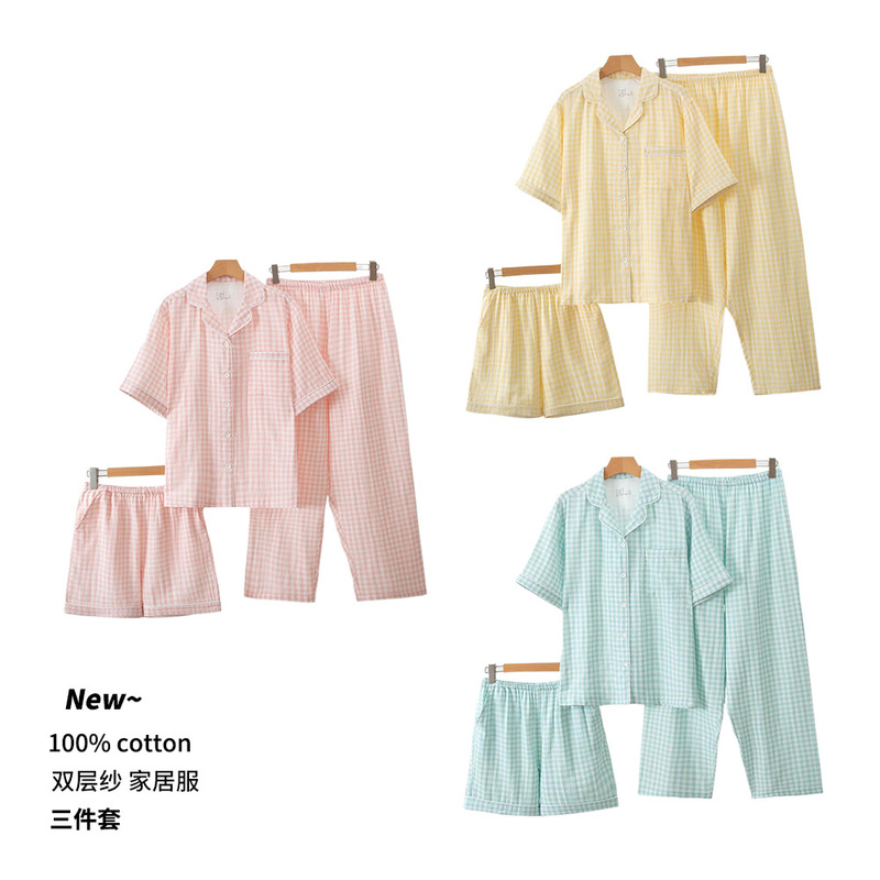 Pure Cotton Pajamas Three-Piece Summer New Double-Layer Yarn Lapel Macaron Pants Short-Sleeved Shorts Home Wear Set