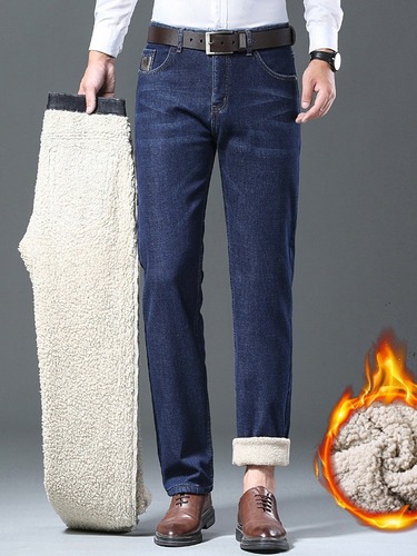 Lamb's wool men's high-end jeans mid-rise comfortable loose straight-leg business pants middle-aged national trend embroidered pants