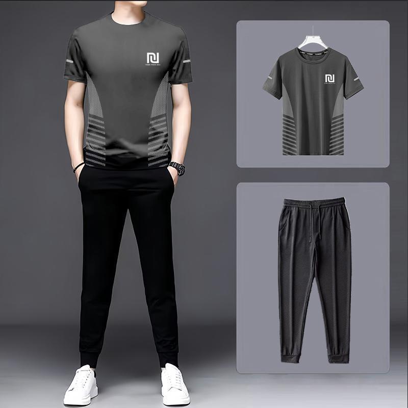 Cool Ice Silk Suit Men's Summer Quick-Drying T-Shirt Pants Casual Sports Two-Piece Suit [Short-Sleeved Pants Suit