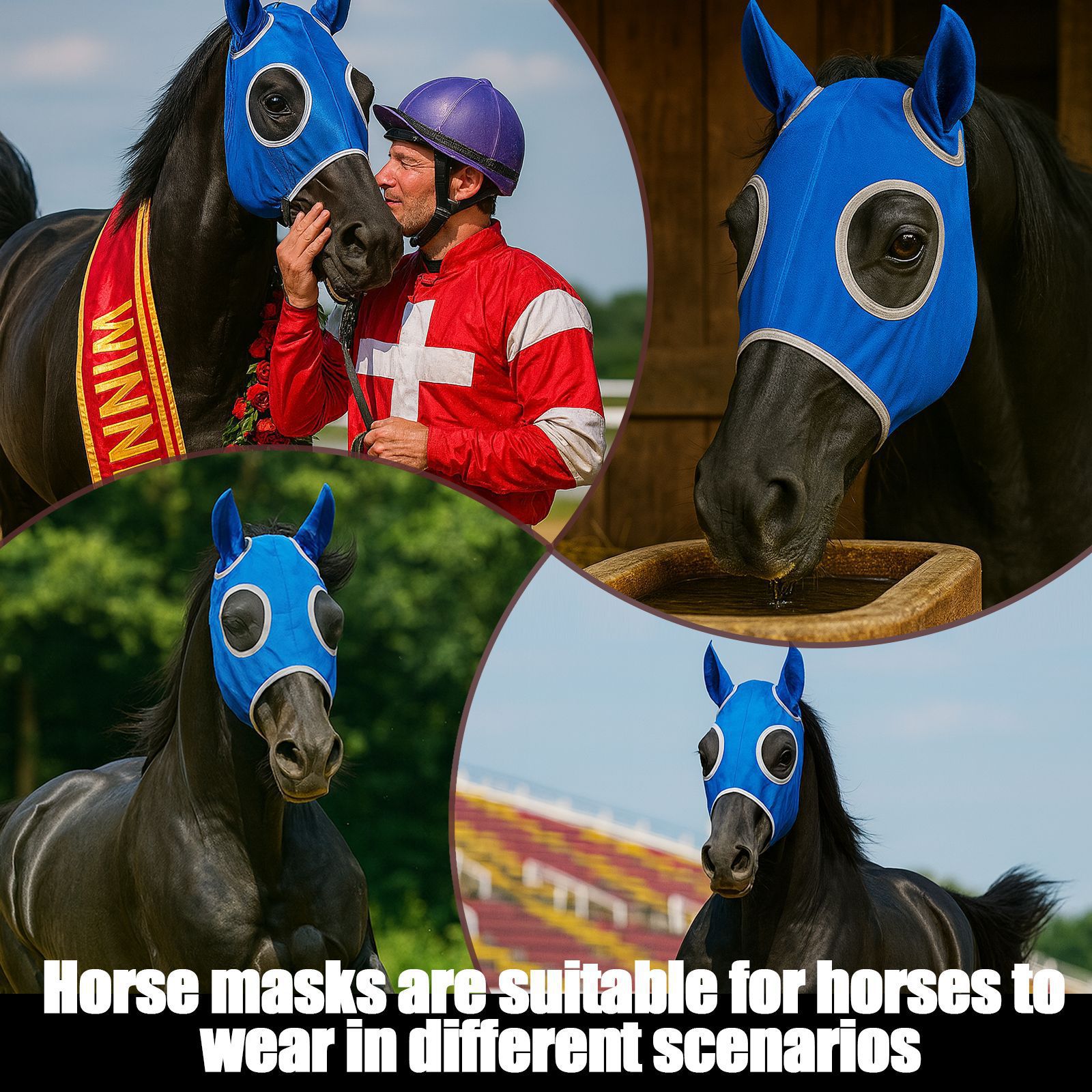 Horse face mask for mosquito and fly protection, blue breathable headgear, elastic horse bridle, suitable for all seasons, equestrian equipment.