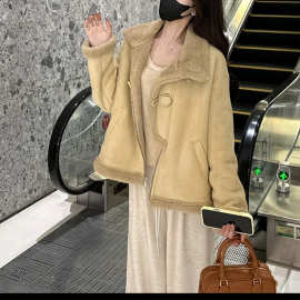 时尚气质加绒加厚短外套女秋冬季新款爆款皮毛一体机车服上衣